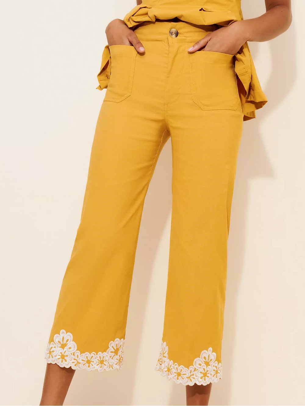 Maeve Mustard Colette Pants with White Floral Embroidery